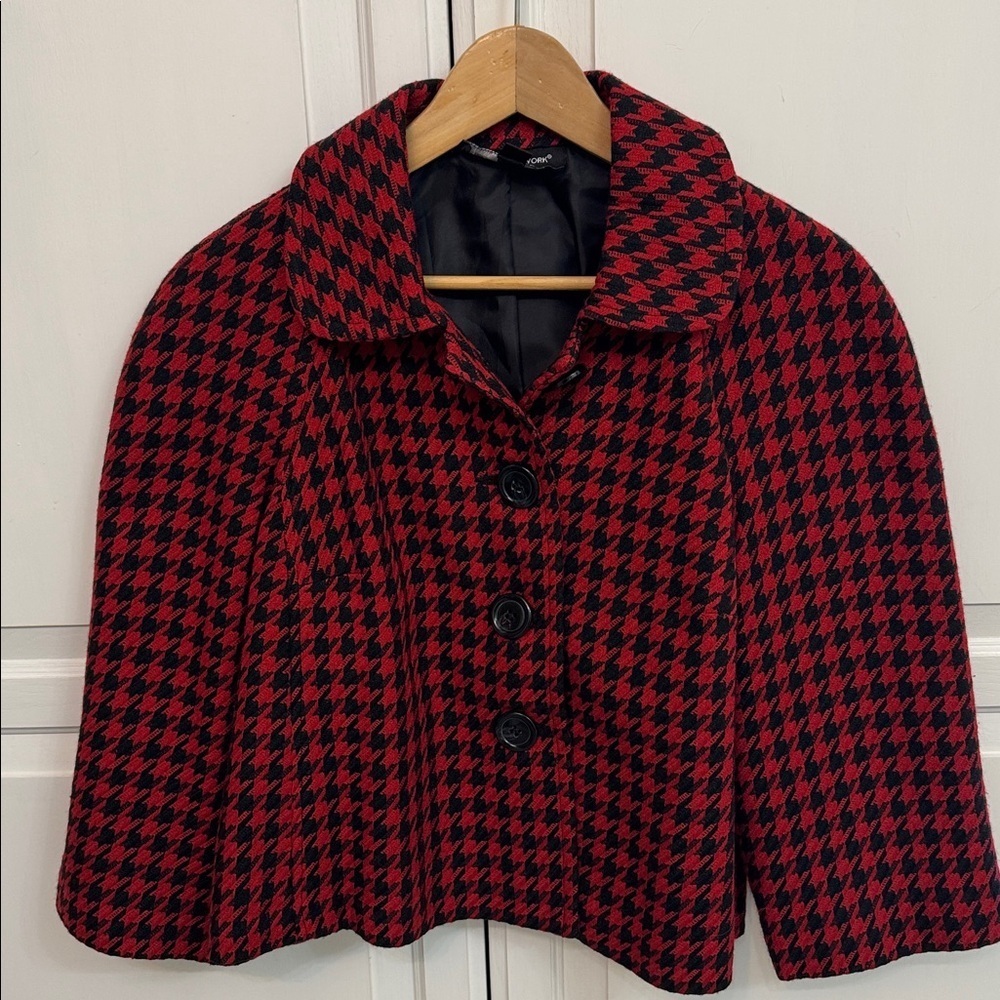 Houndstooth cropped jacket,mod blazer, red and black vintage-inspired,structured